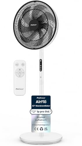 Pro Breeze AirFlo tanki ventilator na postolju - 3-u-1 sa 70, 100 i 130 cm, 9 razina do 5,0 m/s, tih s 3 načina rada, oscilacija od 95°, 9h timer i daljinski upravljač