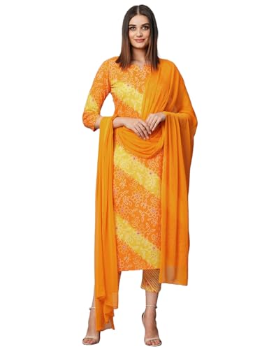 Image of GoSriKi Women's Cotton Blend Printed Straight Kurta with Pant & Dupatta