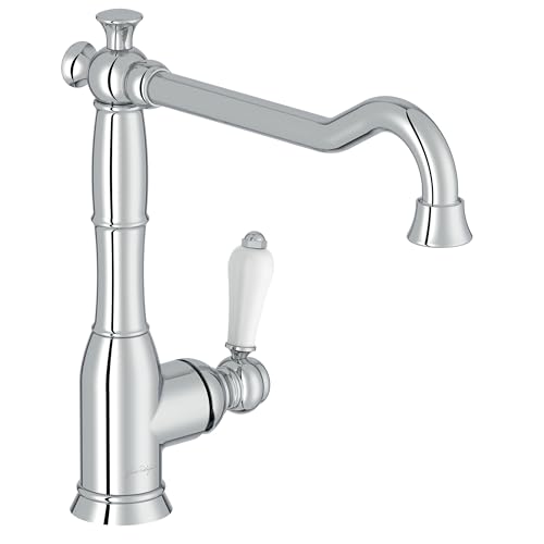 Jacob Delafon - Mitigeur d'Évier de Cuisine Louise - Design Rétro, poignée céramique - Économie d’eau - 29,2x13,4x27,5 cm - Finition Chrome - E24367-CP