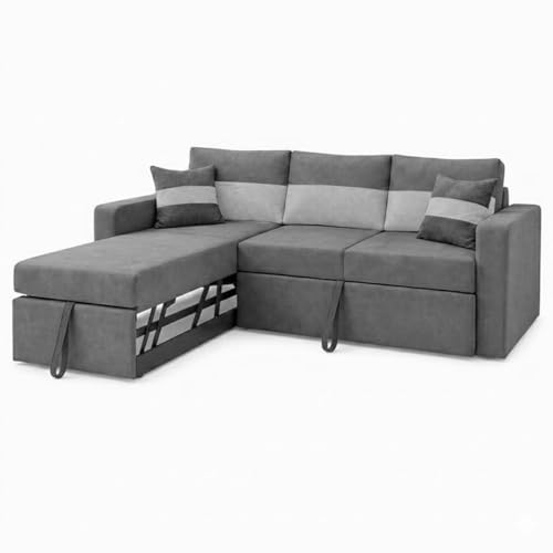 Image of FURNY Soria 4 Seater LHS Lounger Sofa Cum Bed (Light Gray - Dark Gray) with Pull-Out Function | Luxury Velvet Suede Finish | Durable Comfort | Ideal for Living Room