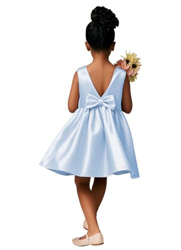 MCieloLuna Summer Short Flower Girl Dresses for Wedding Satin V-Back First Communion Dress for Girls Party Mini Gown