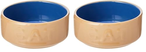 Mason Cash Cane & Blue Lettered Stoneware Cat Bowl, 12 cm (Pack of 2)