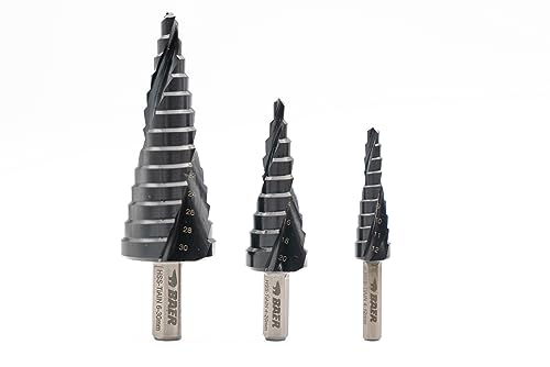 BAER Stufenbohrer Set 4-30 mm (4-12) (4-20) (6-30), HSS-TiAlN, Kegelbohrer, Schälbohrer, Konusbohrer, Baustähle, CrNi-Stähle, NE-Metalle & Edelstähle bis 6mm Stärke