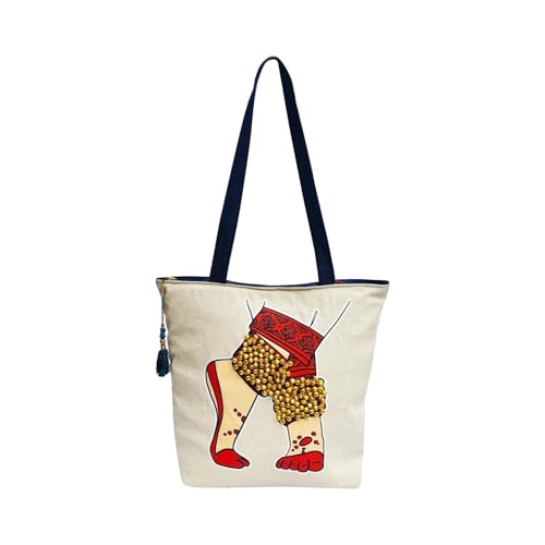 Image of Hand-Printed Tote Bag with Classical Design-Reusable, Zipper Closure For Women & Girls