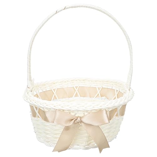 NOLITOY Rattan Flower Basket Lace Bowknot Wedding Flower Girl Basket Fruit Candy Holder Container for Wedding Bridal Shower Ceremony Party Supplies
