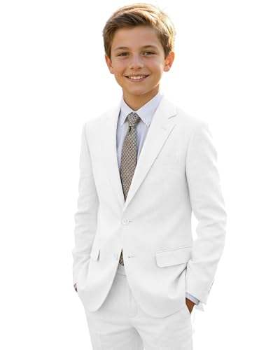 JPF White Linen Suits for Boys, Kids Casual Wedding Guest Outfits 2 Piece, Teen Toddler Suits Summer Breathable Clothes Size 6