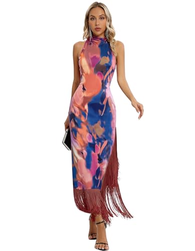 Image of Aigeman Women Vintage Flapper Dresses 1920s Great Gatsby Halter Fringed Maxi Dress Tassels High Split Formal Dress 19