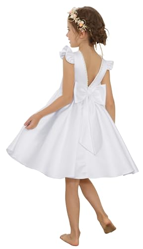 MCieloLuna Glossy Satin Flower Girl Dress V-Back Toddler Girls Wedding Party Pearls First Communion Dresses with Bow