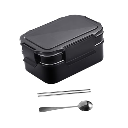GRIRIW Caja De Almuerzo Térmica De Acero Inoxidable Recipiente De Almacenamiento De Alimentos Portátil De Doble Negro Con Cuchara y Palillos Aleatorios