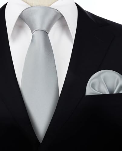 Image of HISDERN Mens Solid Color Ties Formal Satin Necktie and Pocket Square Set Classic Wedding Business Tie & Handkerchief