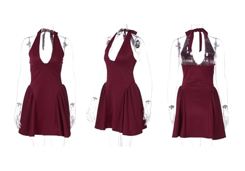 Image of Kwunbwa Women's Sexy Sleeveless V Neck Halter Backless A line Mini Dress | Ruffle hem, flowy, solid color, suitable for casual, party, cocktail, club, prom, wedding guest, vacation, birthday, travel
