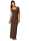 YMING Women Summer Maxi Dress Casual Bodycon Dress Slim Fit Tank Long Dress Coffee 2XL