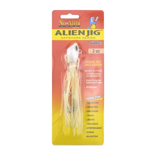 No Alibi Alien Jig Offshore Series, Fluorescent White Skirt, 2 oz White Head, 5/0 Hooks (2)