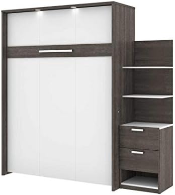 BestarCielo Queen Murphy Bed with Nightstand and Floating Shelves (85W) in Bark Gray and White, Sleeping Arrangement for Multipurpose Room