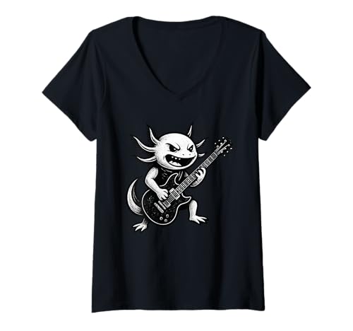 Damen Axolotl Playing Guitar Rock Funny T-Shirt mit V-Ausschnitt