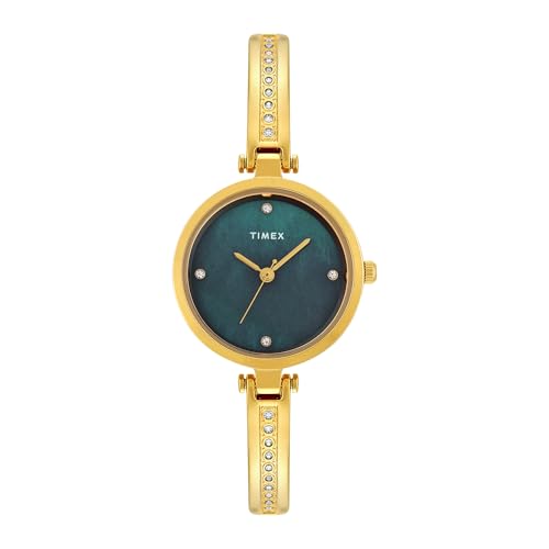 Image of TIMEX Analog Watch for Women with Mother of Pearl Green Round Dial & Gold Brass Bracelet Band Water Resistant Women's Wrist Watches - TWEL200SMU03