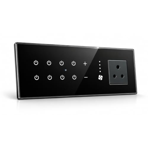 Image of Smarteefi WiFi Glass Touch Smart Switch Board| Toughened Glass| 9 Ports (7 Switch + 1 Regulator + 1 Socket)| Guaranteed Schedules| Compatible with Alexa, Google Home (Black, FT81-8M-262mmx90mmx40mm)