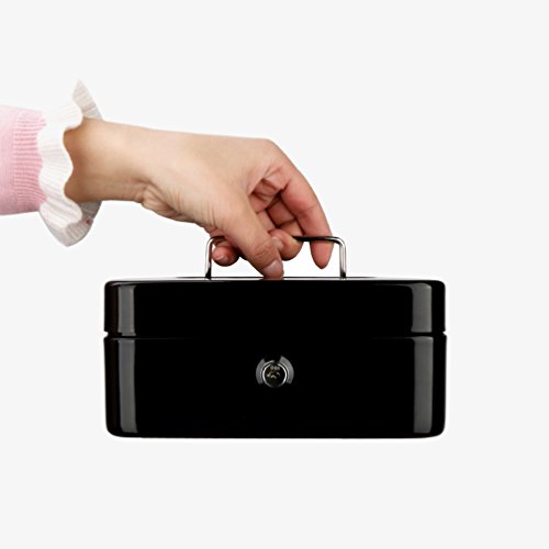 Image of Decaller Cash Box with Money Tray, Metal Locking Money Box with Key Lock for Security, 7 4 /5 inch x 6 4 /5 inch x 3 3 /5 inch, Black, QH2003S | Metal Construction, Key Lock for Security, QH2003S