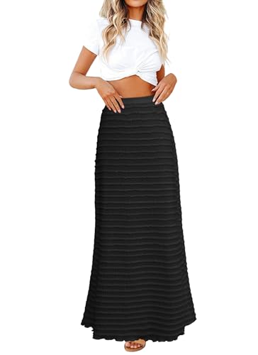 Women's Casual Maxi Skirt Fall Elegant Elastic High Waist Textured Tiered Long Skirts Comfy Stylish Winter Outfits
