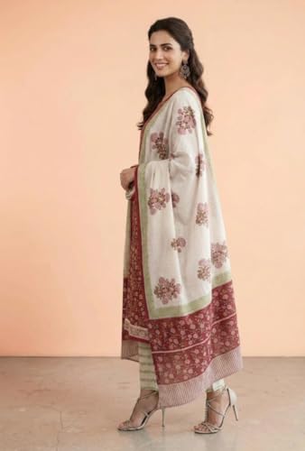 Image of Eddika women unstitched hand block printed cotton suit set with mulmul dupatta ehbpcswmd0120P