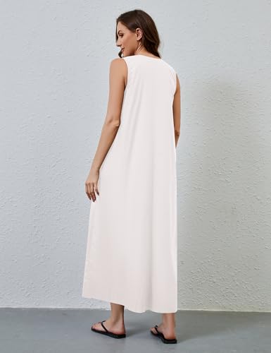Image of OLAPTA Women Summer Sleeveless Maxi Dress Scoop Neck Ruched Loose Fit Casual Elegant Solid Vacation Long Dress with Pockets