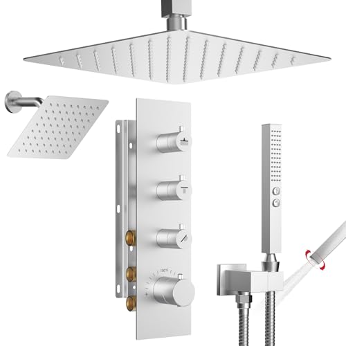 Shower Faucet Set,Thermostatic Shower System,12 Inch Ceiling Mounted and 6 Inch Wall Mount Rain Shower Head with 2 in 1 Handhled,High Pressure Dual Shower Head Combo Set