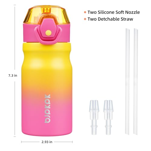 Image of BJPKPK 14 oz Insulated Water Bottle, Straw, Handle, Stainless Steel Flask | Leak Proof Locking Lid, Double Wall Vacuum, Keeps Hot /Cold, BPA Free, Dishwasher Safe, Travel & Sports, Rainbow