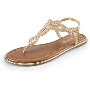 DREAM PAIRS Women's Flat Sandals Dressy Summer Stappy Comfortable Ankle Elastic T-Strap Beach Thong Sandals 7.5 Nude