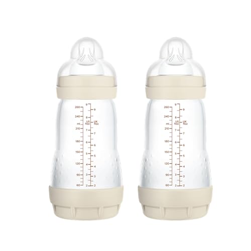 MAM Pack 2 Biberones Anticólicos, 2-4 Meses, 260ml, con con Tetina 2 Flujo Medio de Silicona de Fácil Aceptación, Autoesterilizable y Fácil de Limpiar, MAM Easy Start Anti-Colic, Neutro Mate, 2uds