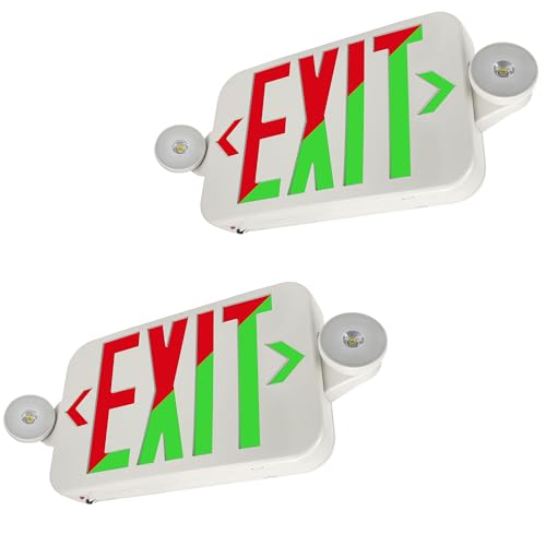 LFI Lights | Universal LED Combo Exit Sign Selectable Red/Green w/ Emergency Lights | White Housing | Two Adjustable Round Heads | Hardwired with Battery Backup | UL Listed | (2 Pack) | COMBOJR-U