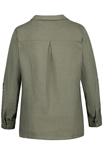 Ulla Popken Womenswear Plus Size Curvy Oversize Roll-Tab Sleeve Button Front Linen Blouse Loden Green 54+ 794882190 #TOP1