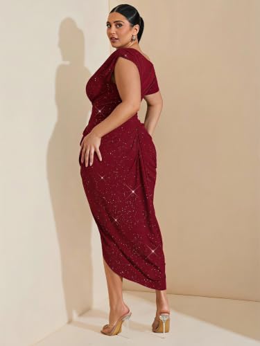 Image of Floerns Women's Plus Size Asymmetrical Neck Long Dress Ruched Slit Hem Cocktail Dress