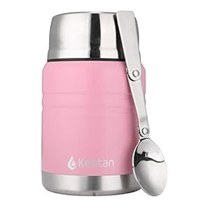Keetan Vacuüm geïsoleerde voedselflessen BPA vrije roestvrijstalen voedselcontainers met opvouwbare lepel lunchbox (roze…