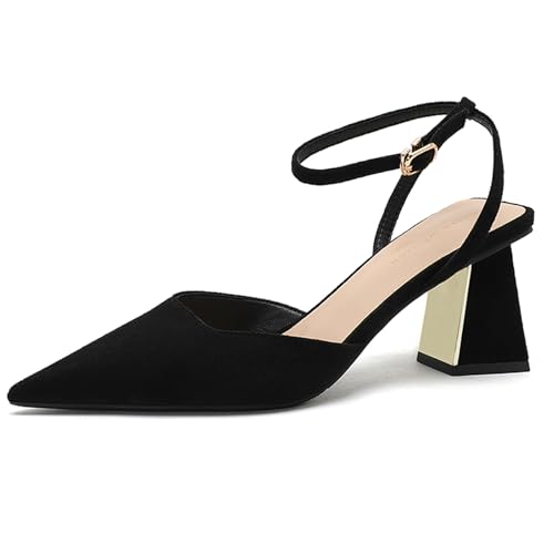 Women's Suede Slingback Chunky Low Heels Closed Pointed Toe Comfortable Ankle Strap Elegant Wedding Party Dress Pumps