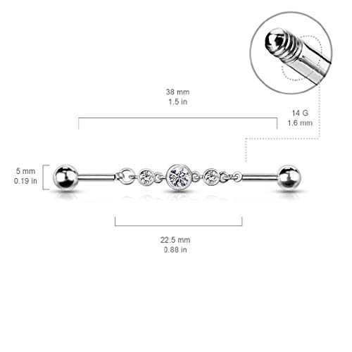 Pierced Owl 14Ga Triple Cz Rounds On A Chain 316L Surgical Stainless Steel Industrial Barbell For Cartilage (Clear) #TOP1