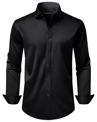 Lusead Black Button Up Shirt Men Wedding Long Sleeve Slim Fit Stretch Wrinkle Formal Satin Tuxedo Business Men Dress Shirt