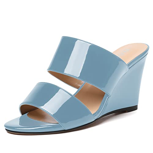 WAYDERNS Women's Dating Open Toe Round Toe Slip On Two Straps Patent Casual Wedge High Heel Wedges Sandals 3.3 Inch