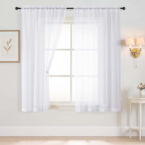 Ebesto White Sheer Curtains 63 Inch Length 2 Panels, Voile Sheer Curtain for Living Room, Breathable Light Filtering Modern Window Treatments, Soft Fabric Dual Rod Pocket Drapes, 2x42Wx63L Inches