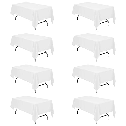Photo 1 of 8 Pack White Tablecloths for 6 Foot Rectangle Tables 60 x 102 Inch - 6ft Rectangular Bulk Linen Polyester Fabric Washable Long Clothes for Wedding Reception Banquet Party Buffet Restaurant