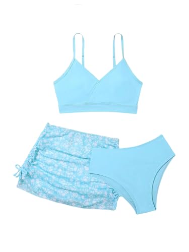 OYOANGLE Girl's 3 Piece Bikini Sets Spaghetti Strap High Waist Swimsuits with Ruched Cover Up Skirt Blue 10Y