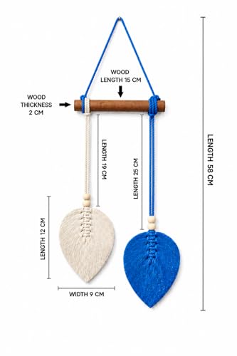 Image of AdFashionble Boho Macrame Wall Hanging Leaf Decor for Home, Living Room & Bedroom | Cotton Thread Art with Wooden Rod | Minimalist Handmade Wall Decoration | Aesthetic Nordic Wall Art for Home, Office & Gift Purpose Lenght- 58 cm Width- 15 cm (ROYAL BLUE & OFFWHITE)
