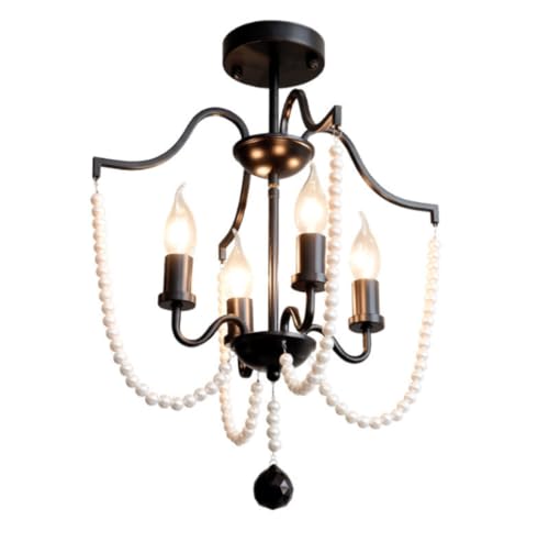 Lustre 4 lampes en fer forgé noir orné de perles de cristal au style français