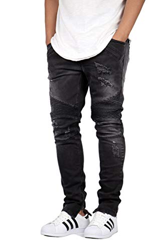 URBANJ Men's Stretch Skinny Fit Destroyed Moto Biker Jeans