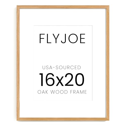 Image of FLYJOE 16x20 Oak Wood Picture Frame with Mat for 11x14, 16 by 20 USA-Sourced Natural Solid Wooden Poster Frame for Wall Display, Tempered Real Glass, Hanging Hardware Included, 1 Pack, Natural