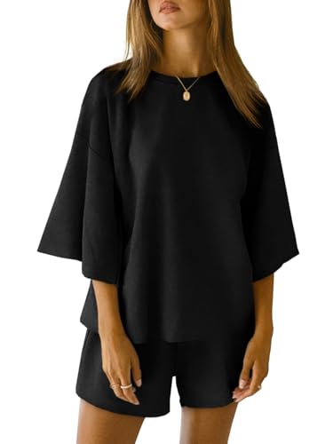 Image of Tankaneo Womens Pajama Sets 3/4 Sleeve Oversized Tops and Elastic Waist Shorts Lounge Sets Loungewear