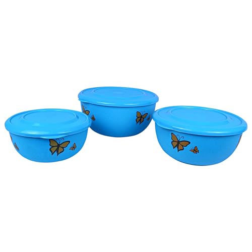Image of Microwave Safe Stainless Steel Food Storage Container with Lid | Euro Mixing Bowl Set for Kitchen | 500ml, 800ml, 1250ml | Pack of 3 | Leak-Proof (Classic Blue Butterfly)