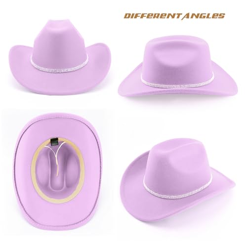 Image of DRESHOW Glitter Cowboy Hat Classic Western Rhinestone Cowgirl Hat Outdoor Wide Brim Retro Felt Fedora Hats Rolled up Caps