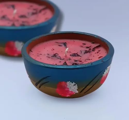 Bougie décorative en terre cuite faite main à motif floral et cire rose