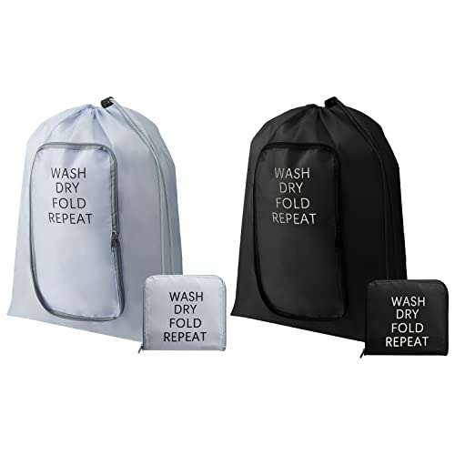 2 Pcs Travel Laundry Bag Washable Dirty Clothes Bag With Drawstring And Zipper For Suitcase, 22 X 18 Inch (Black, Gray, Classic) #TOP29