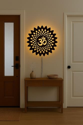Image of Navneet Creation Wooden Om Mandala Wall Hanging With Backlit LED Light Wall Decor for Living Room & Bedroom | Handmade Home Decorative Items for Home And Office | Best Gift Items (45, Centimeters, 45, Centimeters)